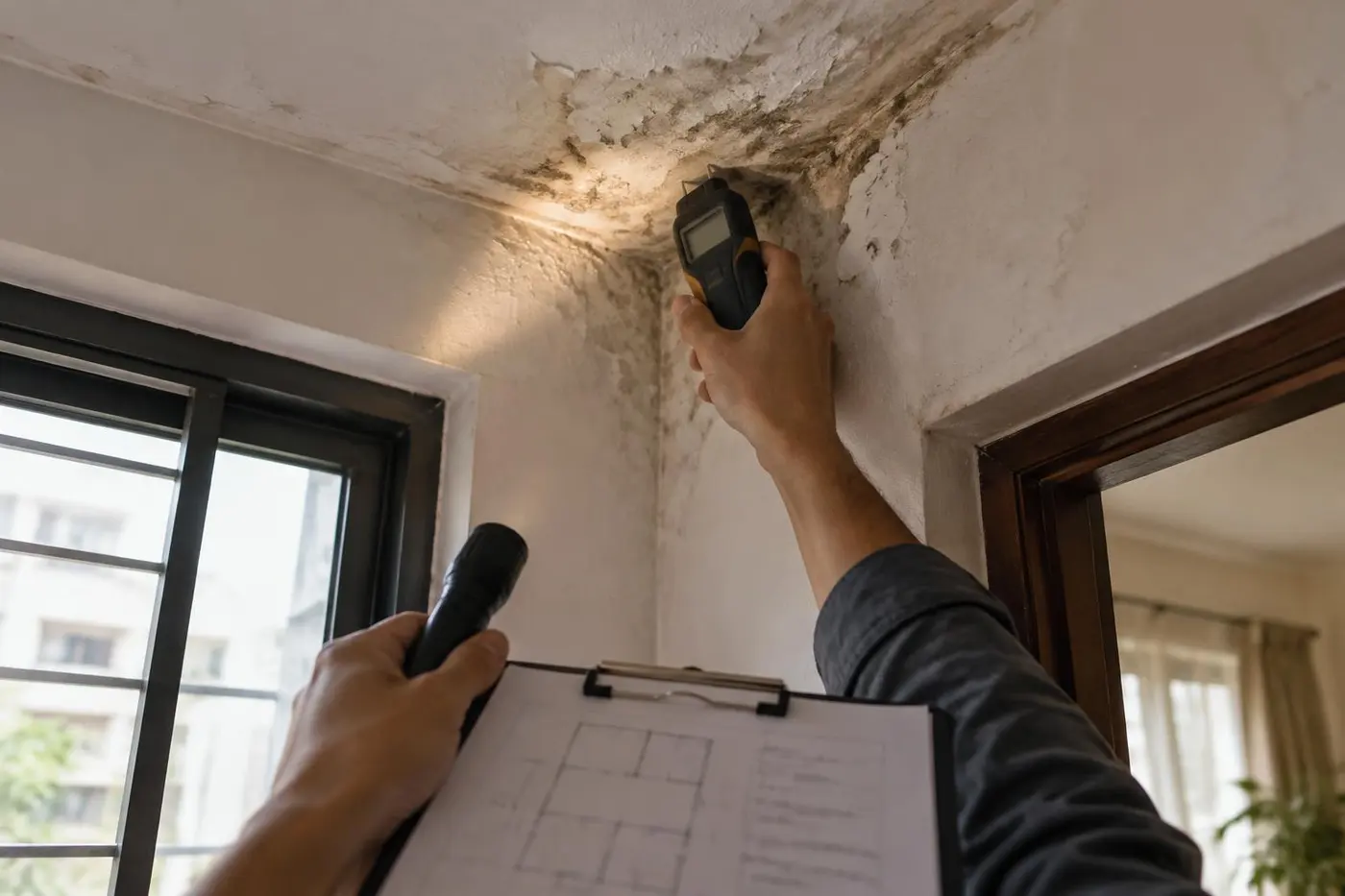 Minh hoạ tay người dùng máy đo độ ẩm và đèn pin kiểm tra góc trần bị thấm, tay kia cầm bảng ghi phác mặt bằng