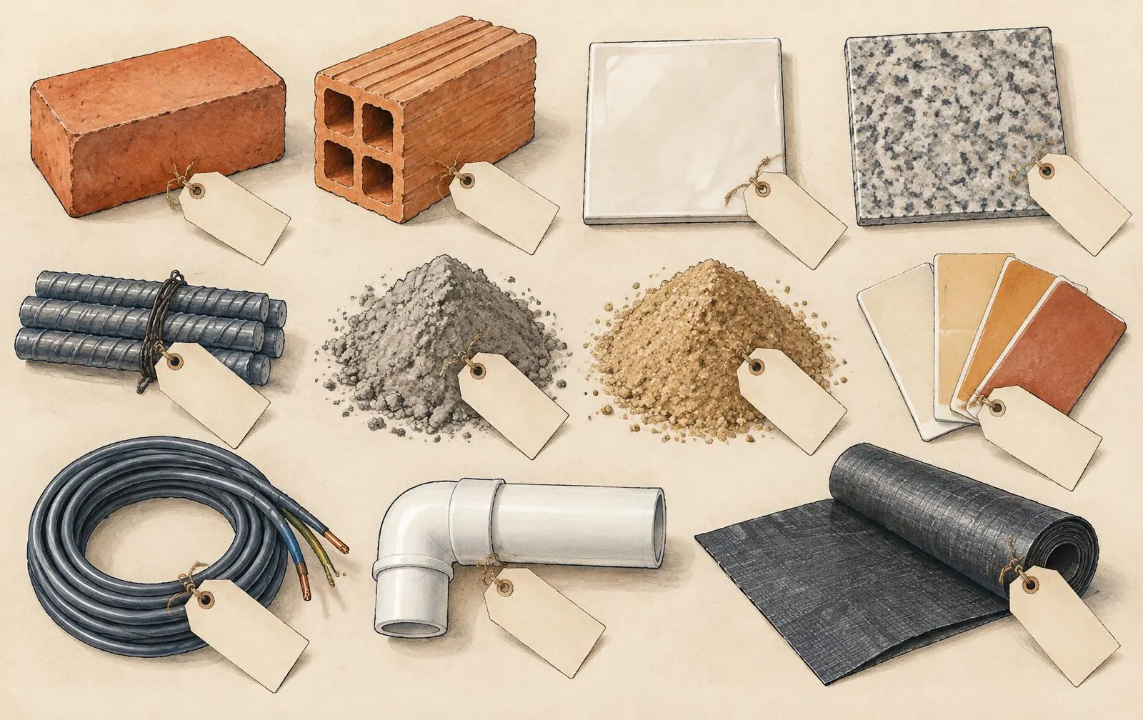 Minh hoạ các mẫu vật tư xây nhà gắn thẻ: gạch đặc, gạch lỗ, gạch men, đá granite, thép, xi măng, cát, mẫu sơn, dây điện, ống nước, màng chống thấm