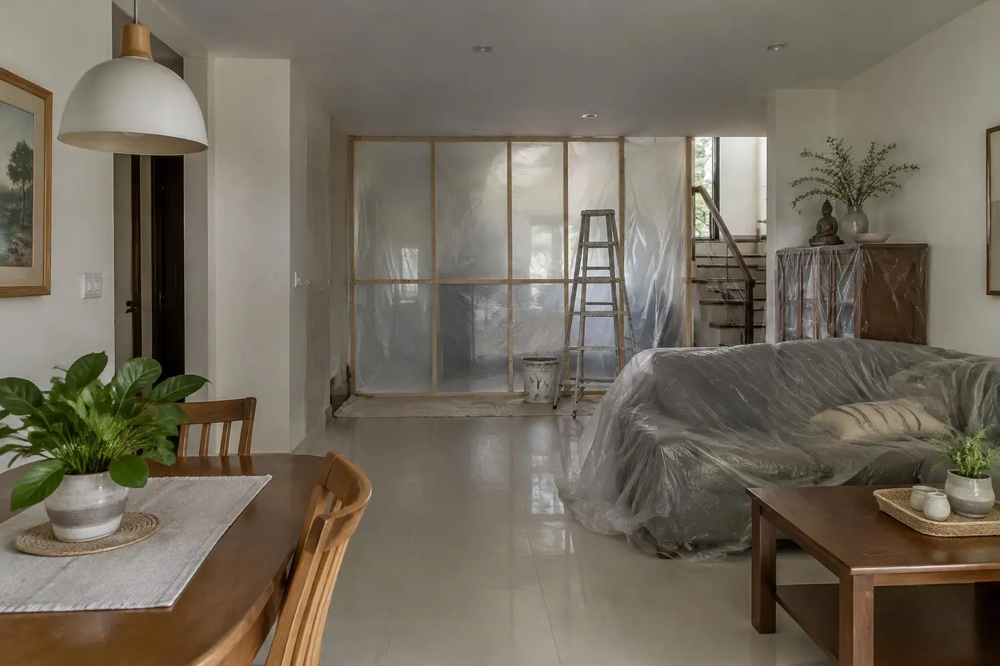 Minh hoạ phòng khách gia đình đang sửa: sofa và tủ bọc nilon, vách che bụi tạm phía sau, bàn ăn phía trước vẫn dùng bình thường
